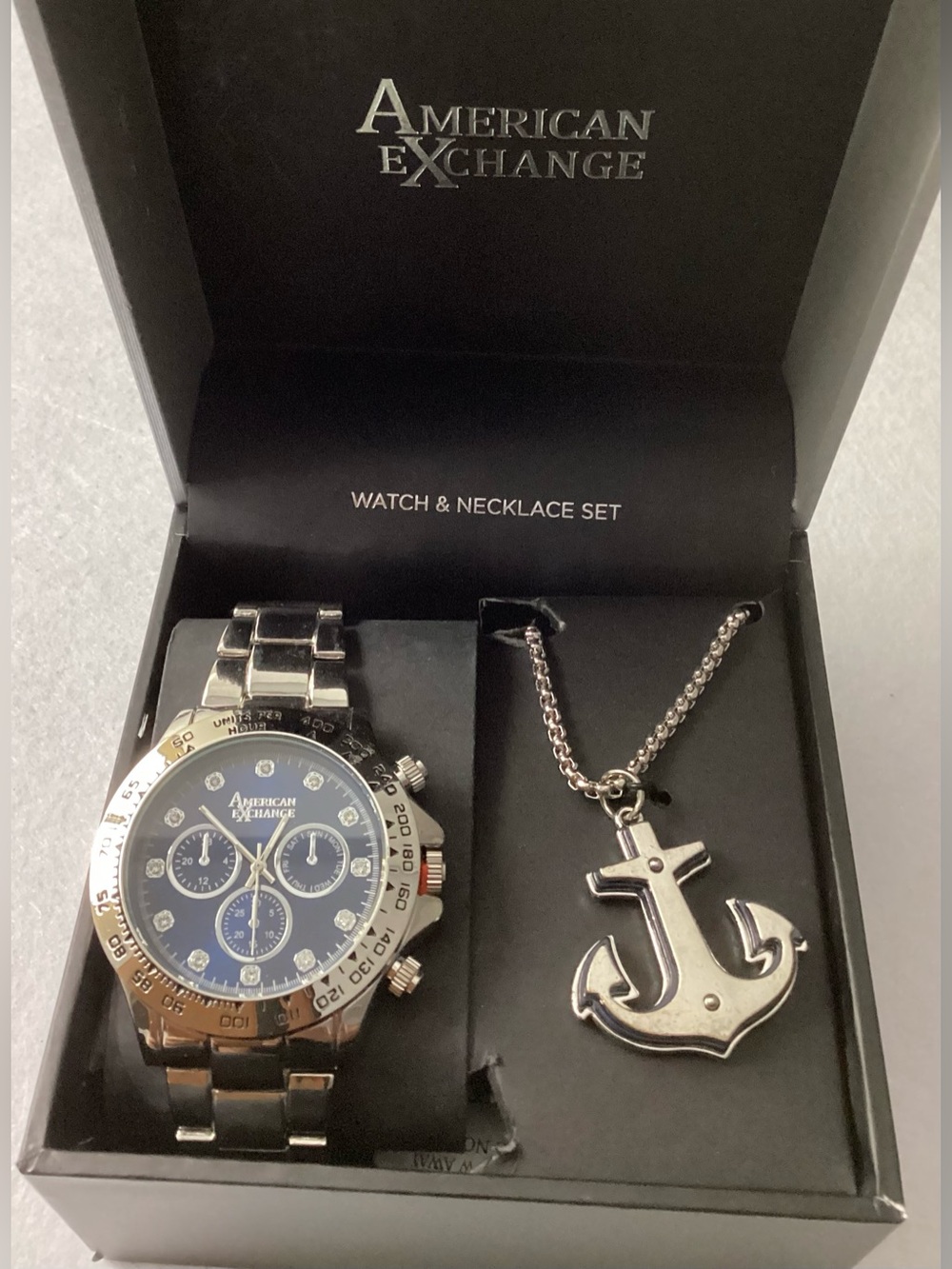 American Exchange Three-Hand Quartz Silver-Tone Metal Bracelet Watch 46mm Set